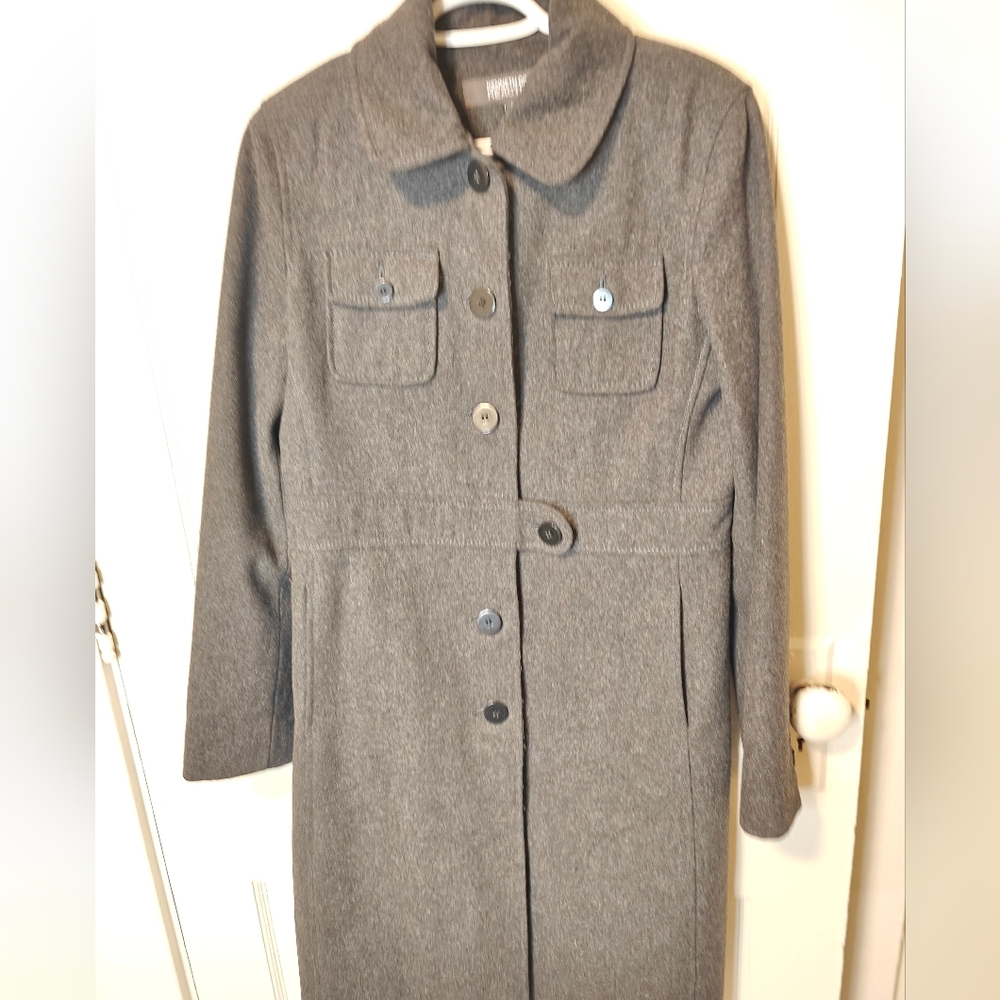 Kenneth Cole Reaction Long Coat Dark Gray Wool Blend Lined Peacoat Size 8